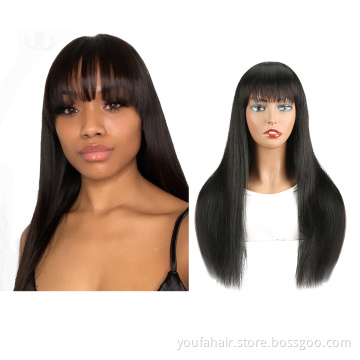 Brazilian Remy Virgin Hair Straight Full Machine Made Wig with Bangs No Lace Front Human Hair Wigs Natural Color for Black Women